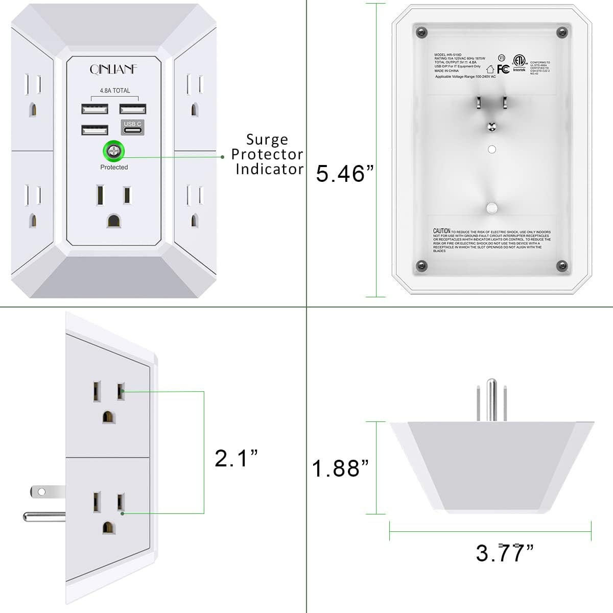 Surge protector with USB ports and dimensions labeled