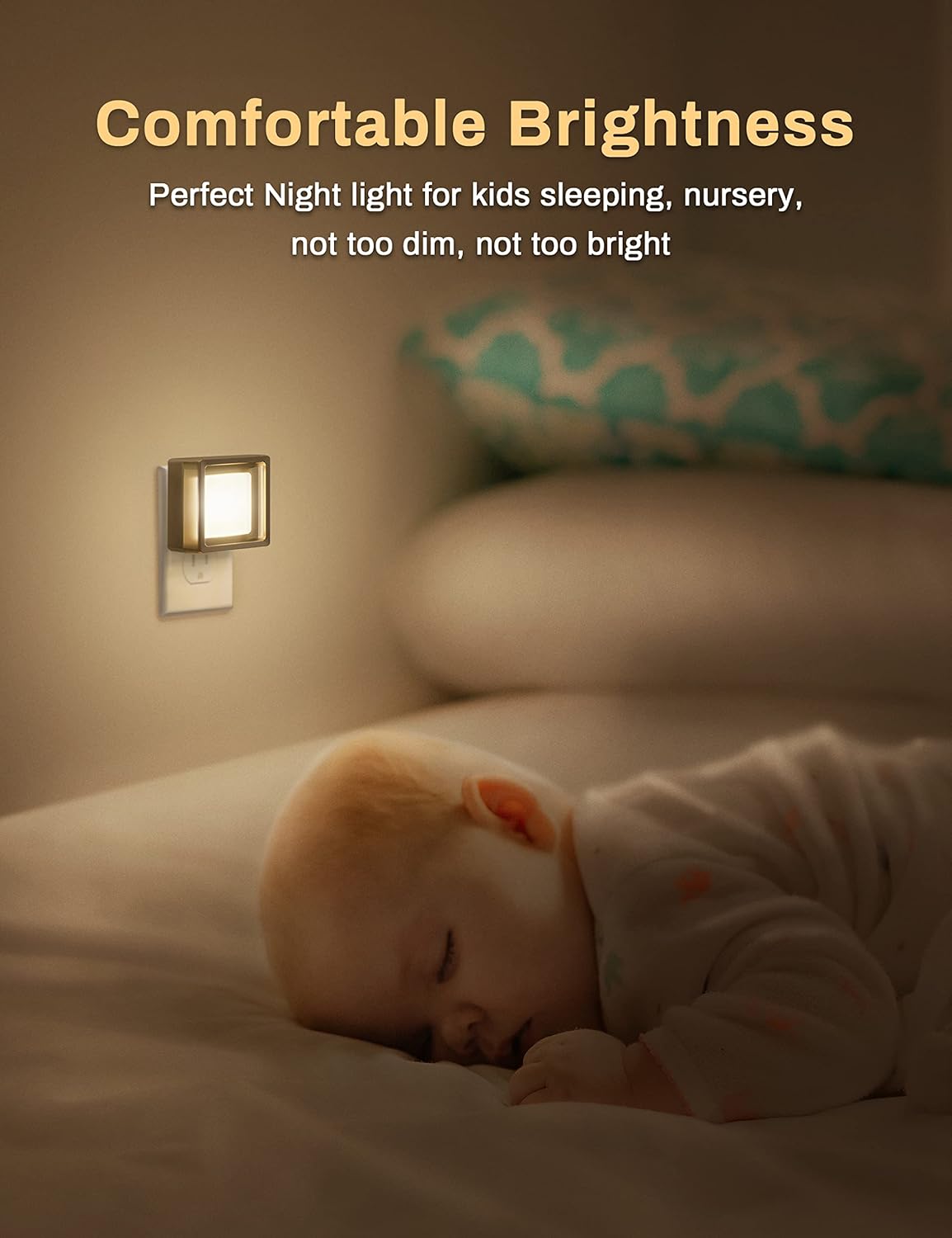 Baby sleeping in a nursery with a night light on the wall, text 'Comfortable Brightness' above.