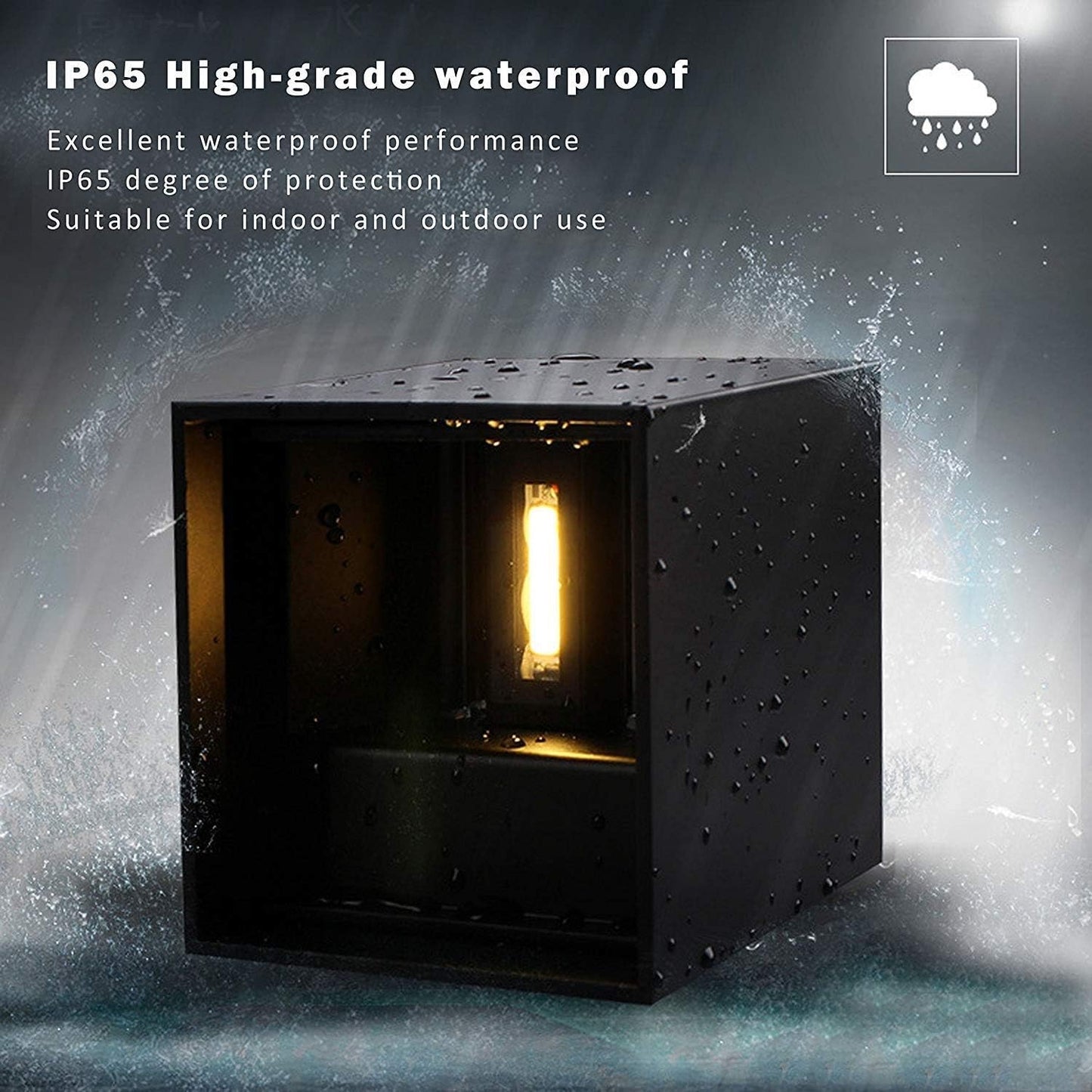 Black outdoor light fixture with IP65 high-grade waterproof feature on a gray background.
