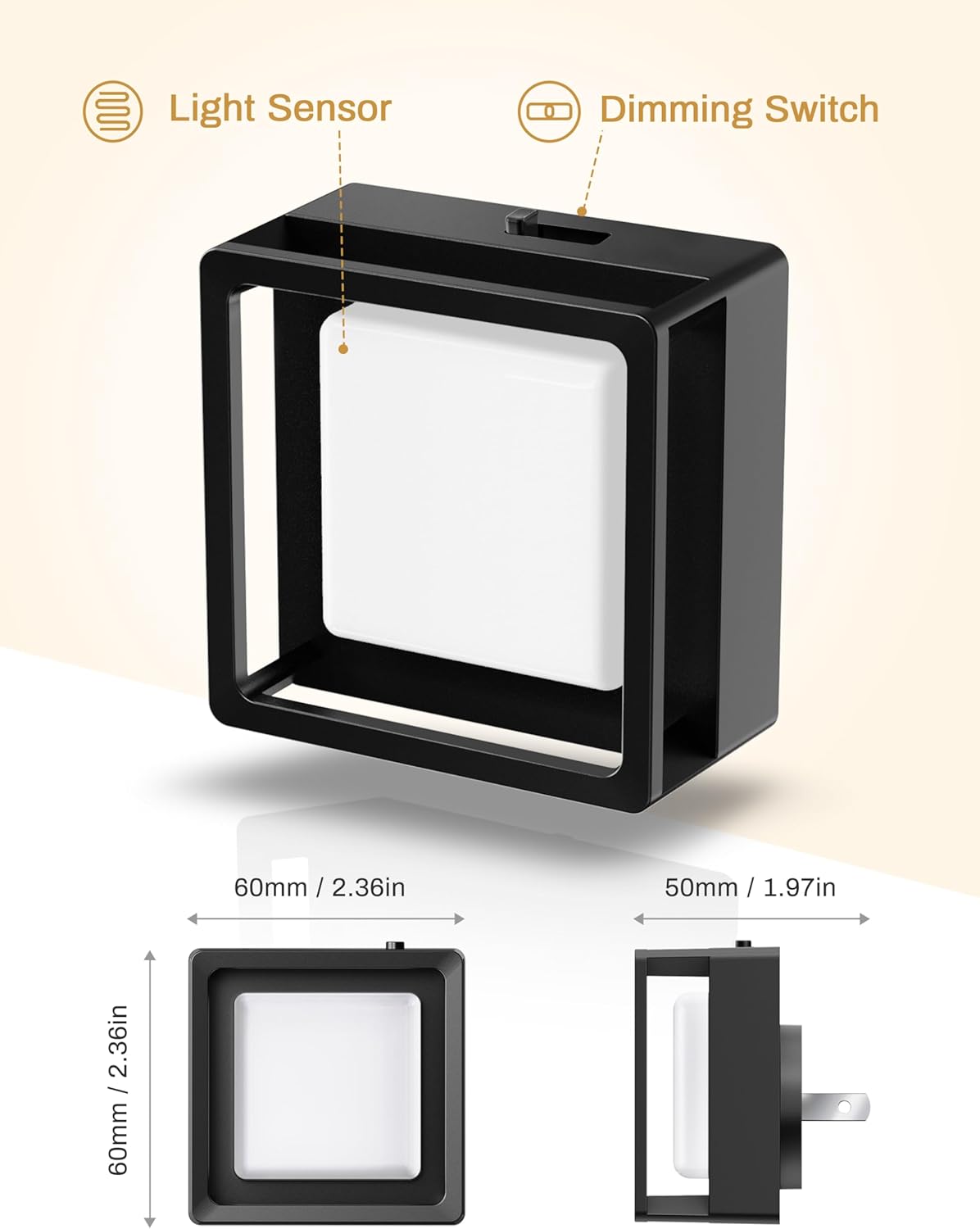 Black square light fixture with light sensor and dimming switch on a beige background