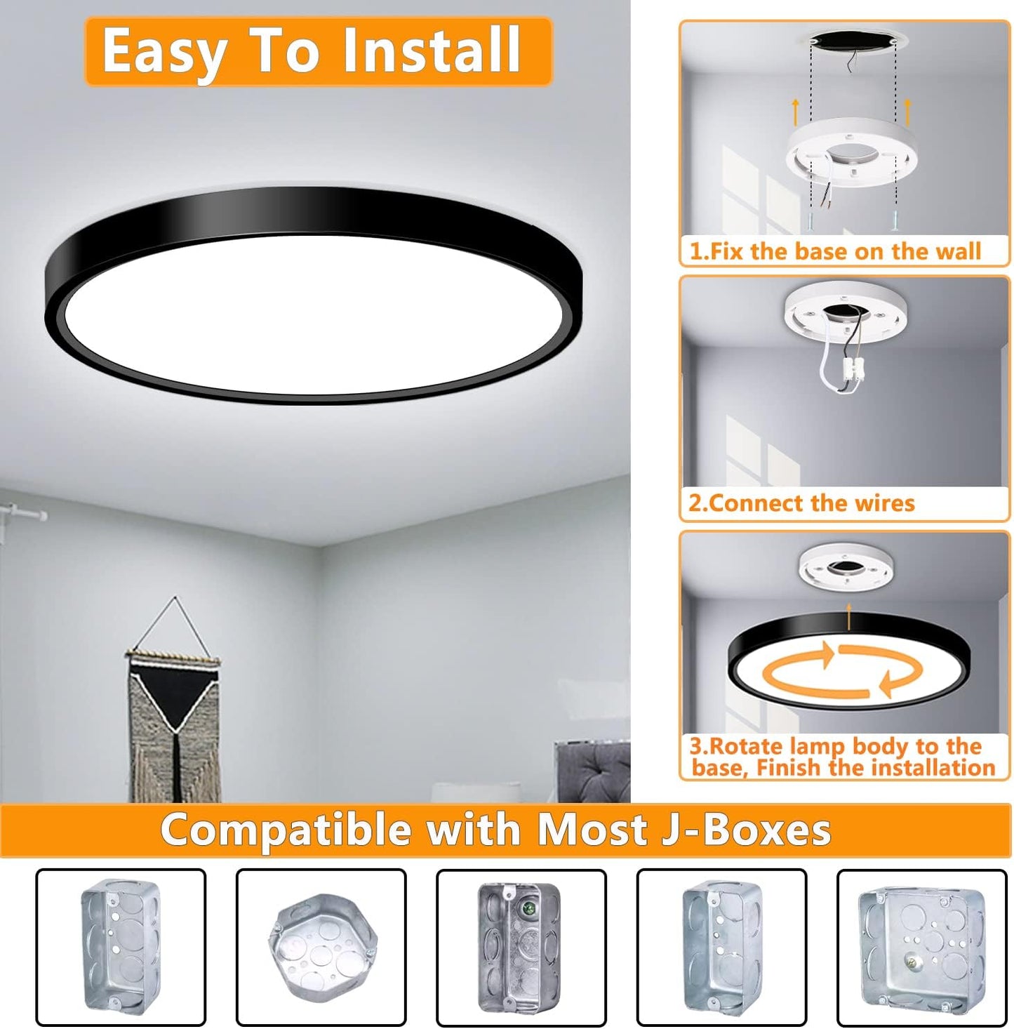 Ceiling light fixture with installation instructions and compatibility with J-boxes.