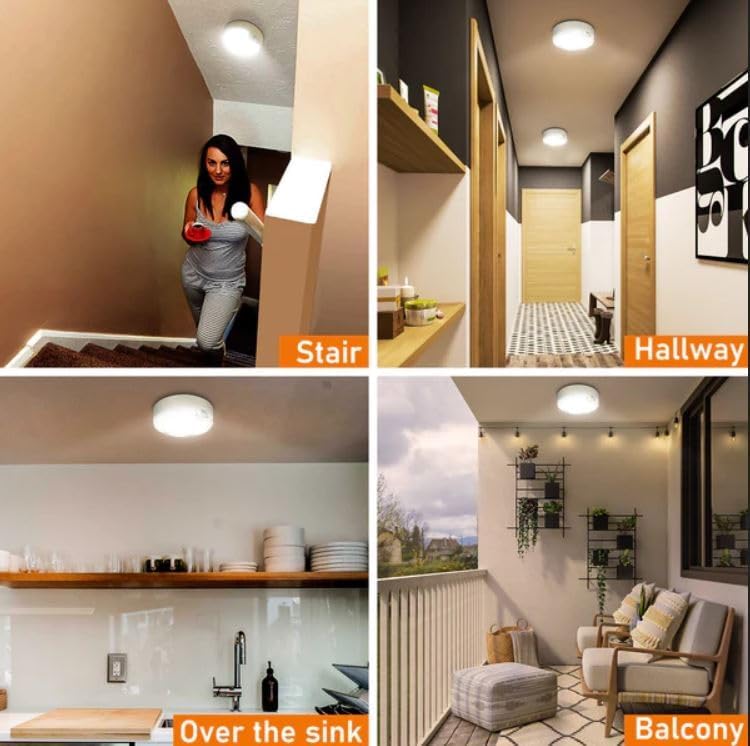 Collage of different indoor settings with light fixtures labeled 'Stair', 'Hallway', 'Over the sink', and 'Balcony'.