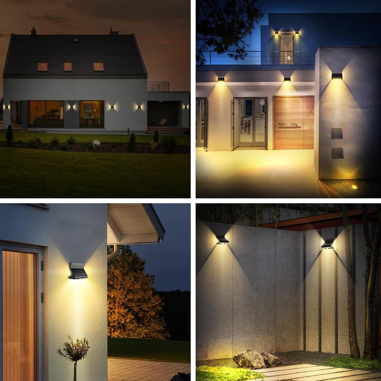 Collage of outdoor lighting fixtures on a house exterior at night.