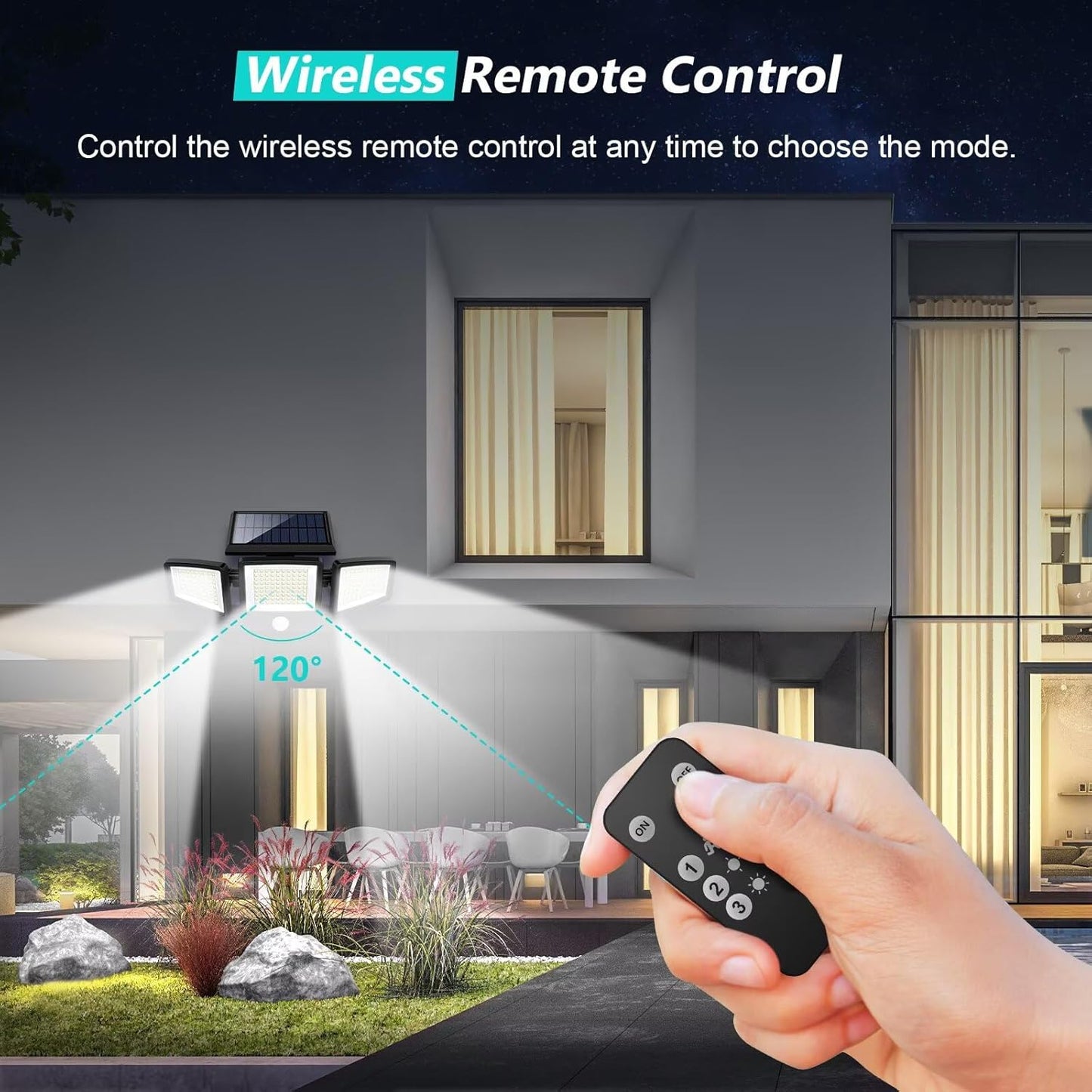 Hand holding a wireless remote control with outdoor scene and solar panel in the background