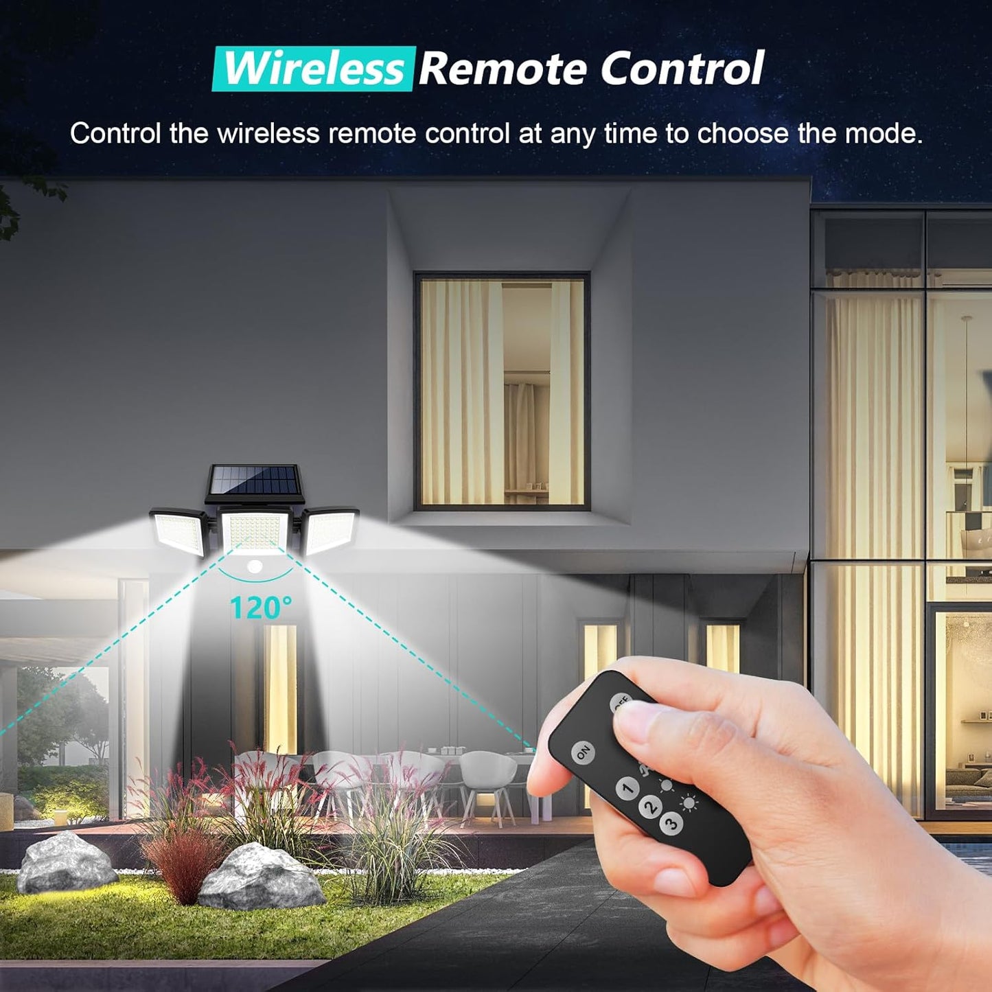 Hand holding a wireless remote control with outdoor scene and text about remote control functionality.