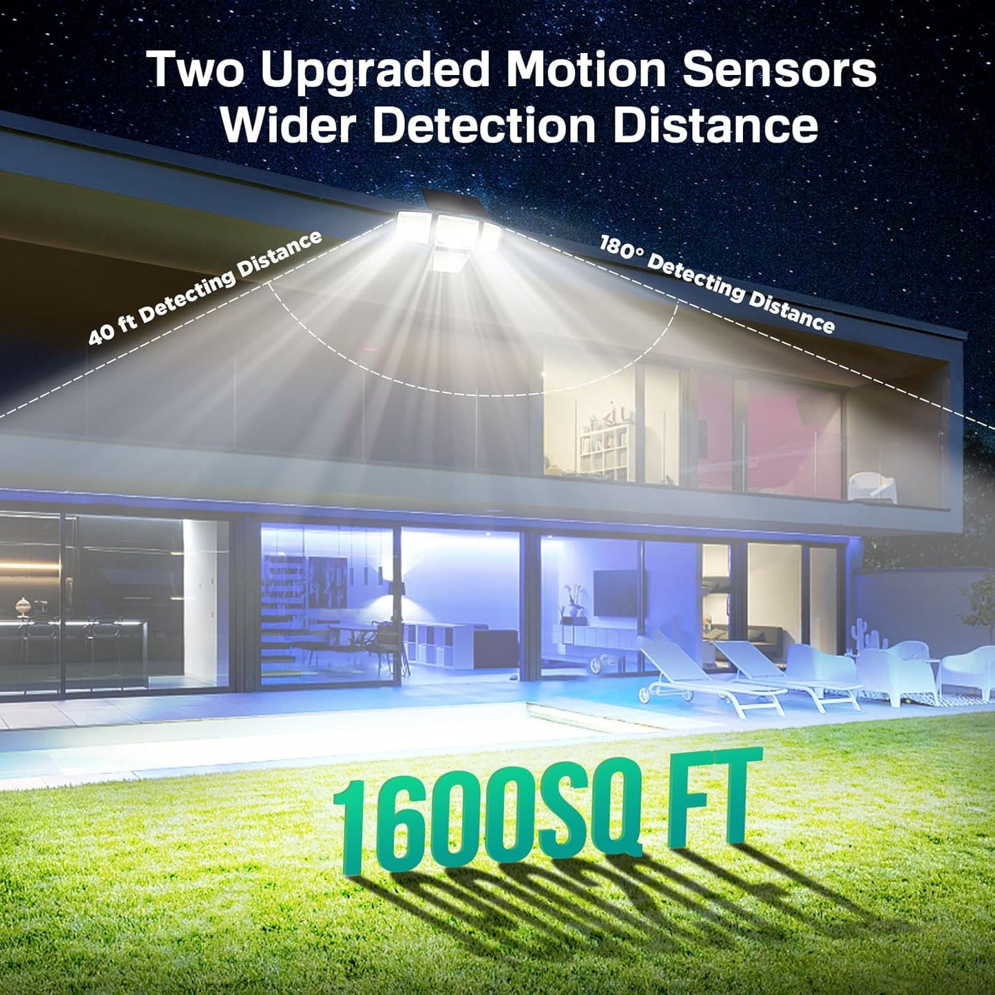 Modern house with outdoor lighting system and text about upgraded motion sensors and detection distances.