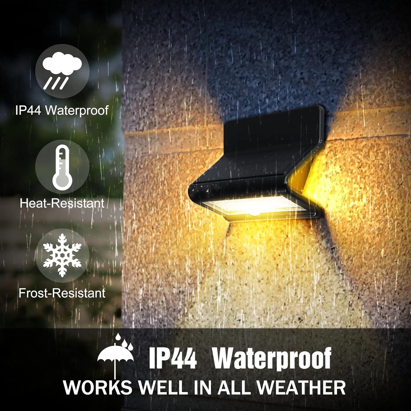 Outdoor light fixture on a wall with raindrops, highlighting its waterproof feature.