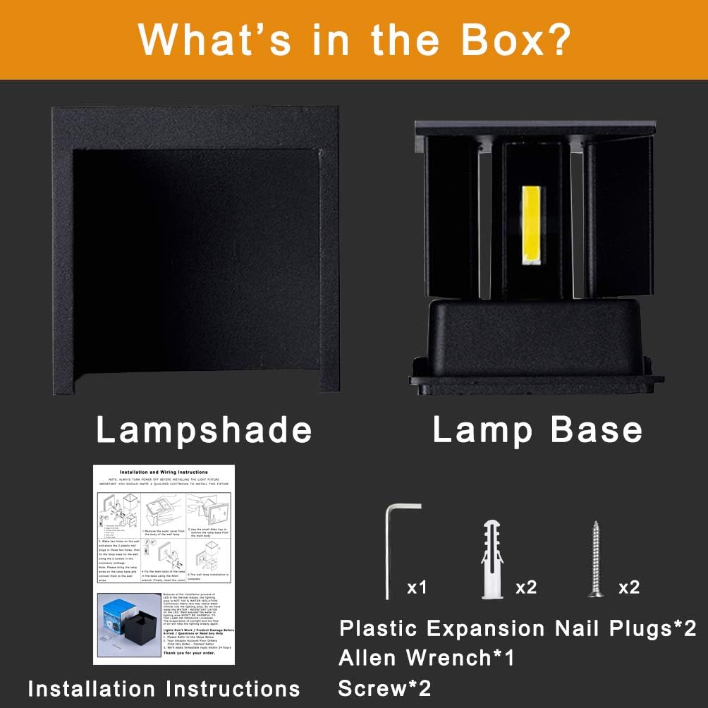 Product packaging with lampshade, lamp base, installation instructions, and accessories on a dark background.