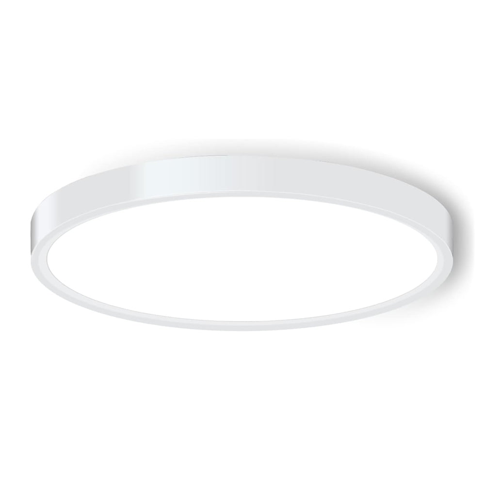 Round white ceiling light on a white background