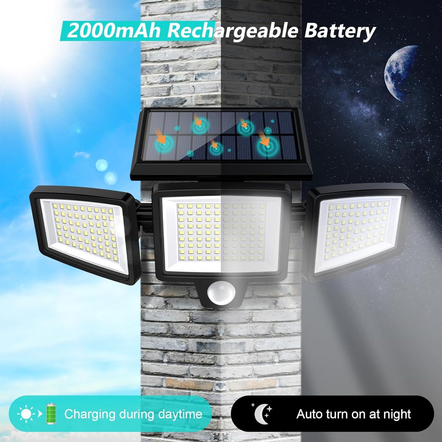 Solar-powered outdoor light fixture with 2000mAh rechargeable battery on a stone wall background.
