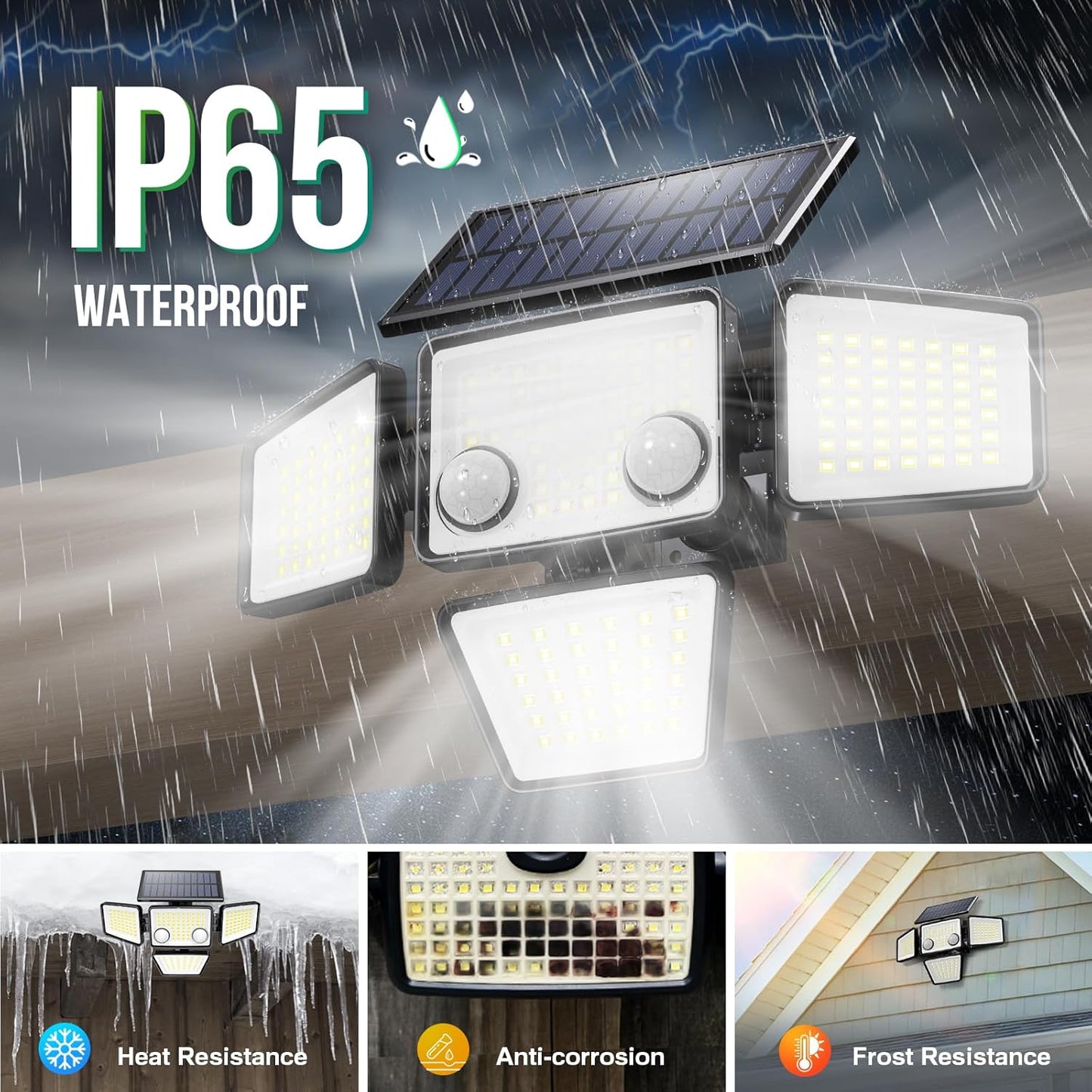 Solar-powered outdoor light fixture with IP65 waterproof rating, shown in rain with additional features highlighted.