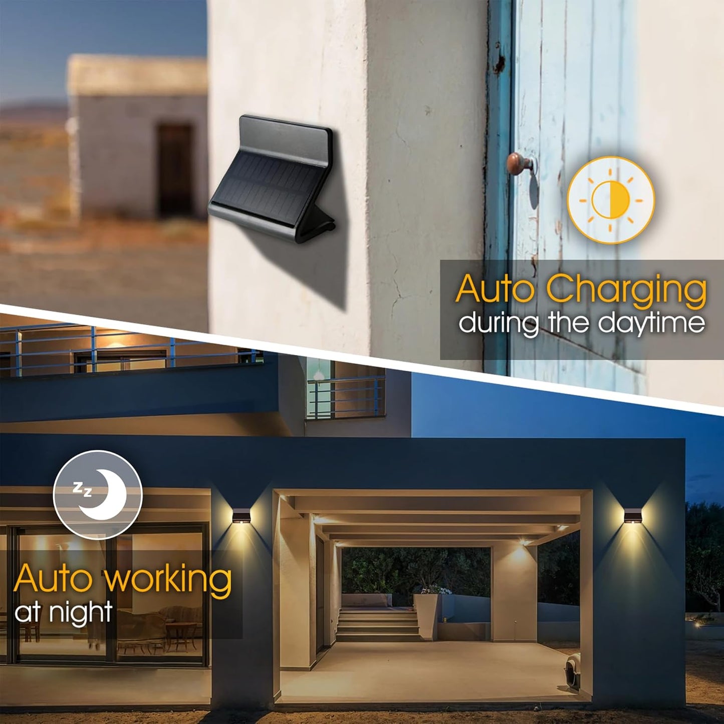 Solar-powered outdoor light fixture with daytime and nighttime functionality on a building exterior.