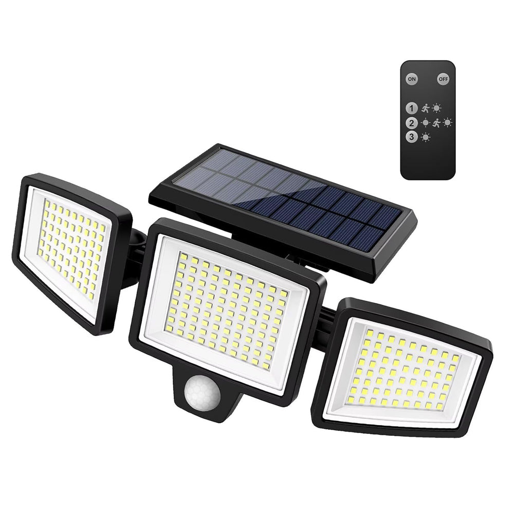Solar-powered outdoor lights with a remote control on a white background