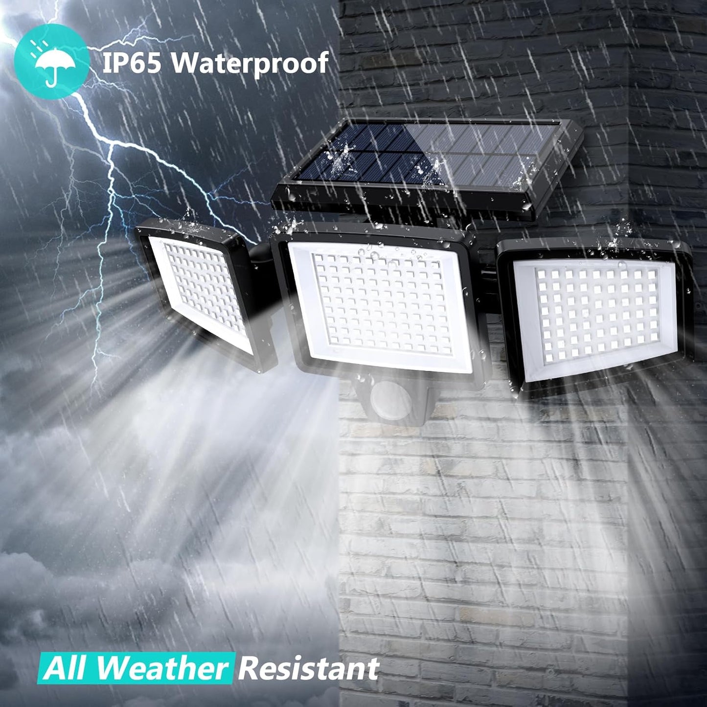 Solar flood lights with IP65 waterproof and all weather resistant text on a dark background.