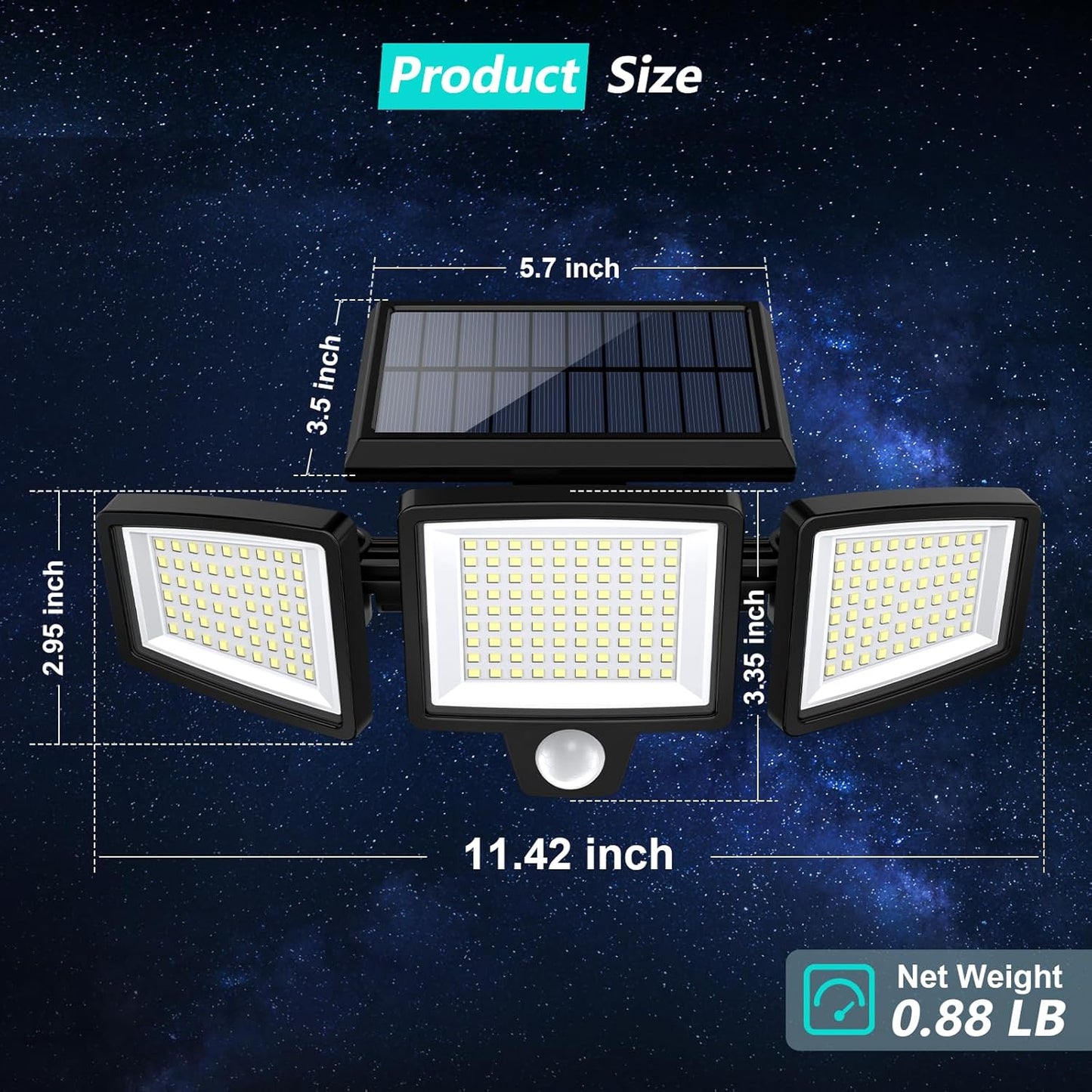 Solar light fixture with dimensions and weight information on a starry night background