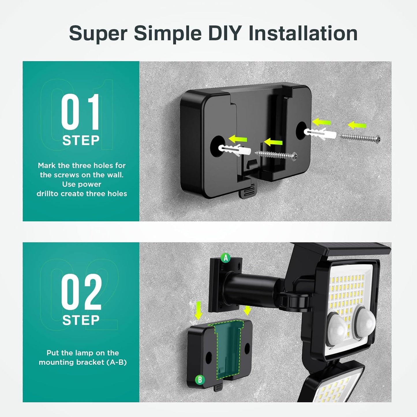 Step-by-step DIY installation guide for a wall-mounted light fixture with text and arrows indicating actions.
