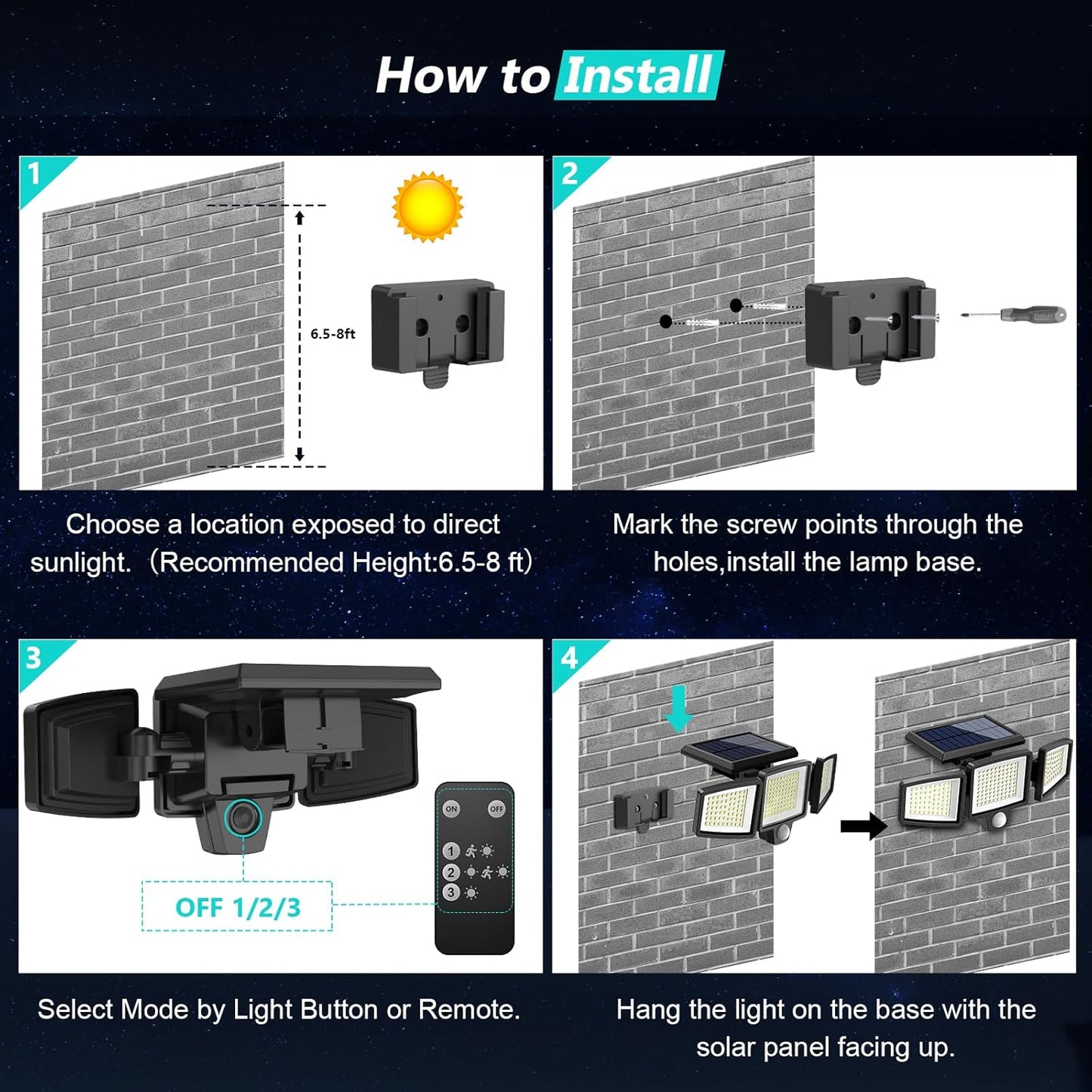 Step-by-step installation guide for a solar light fixture on a brick wall.