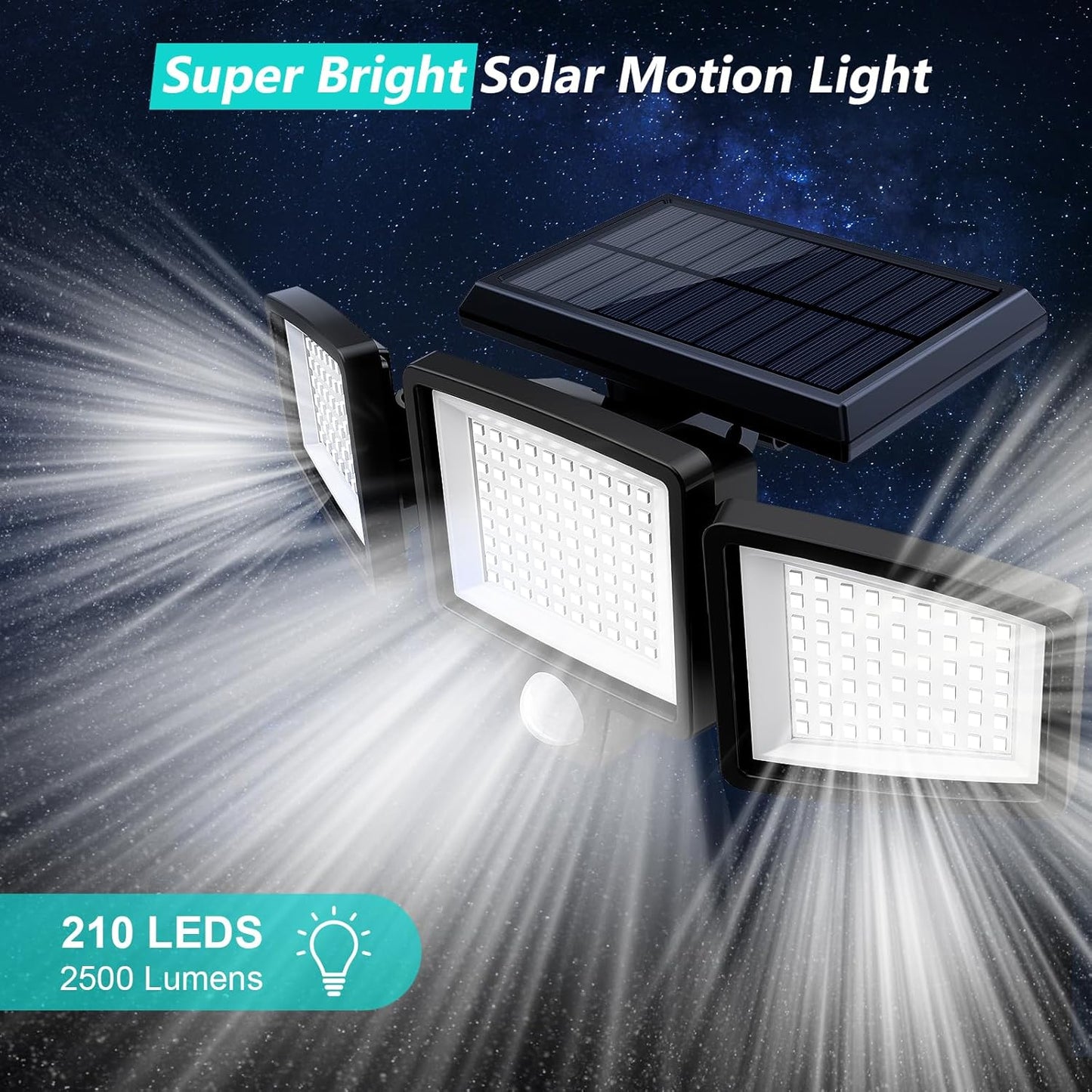 Super bright solar motion light with 210 LEDs and 2500 lumens on a dark background.