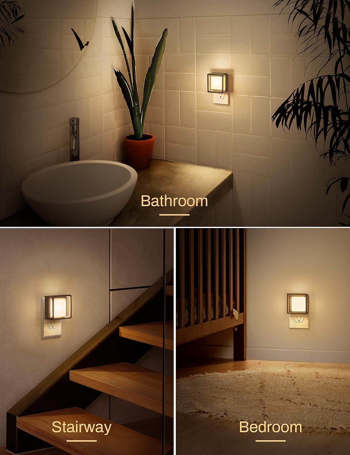 Three different settings showing a wall-mounted light fixture: bathroom, staircase, and bedroom.
