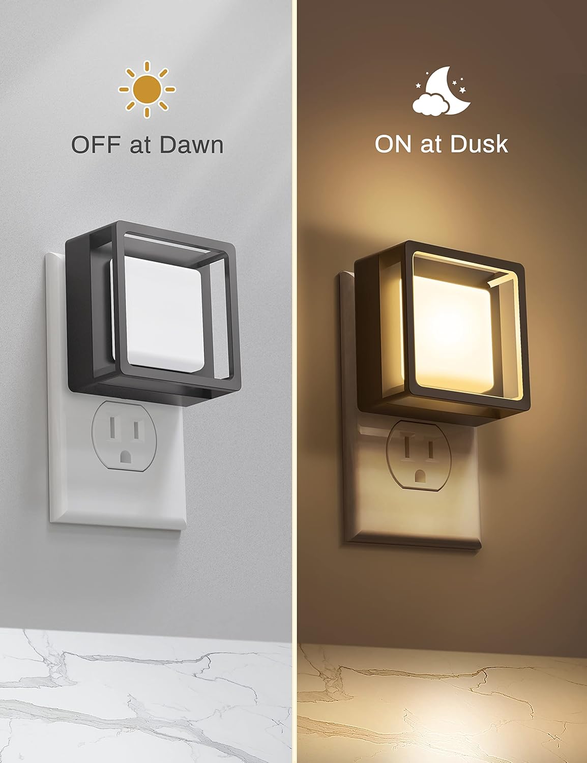 Two wall-mounted night lights showing 'OFF at Dawn' and 'ON at Dusk' on a gray and brown background.