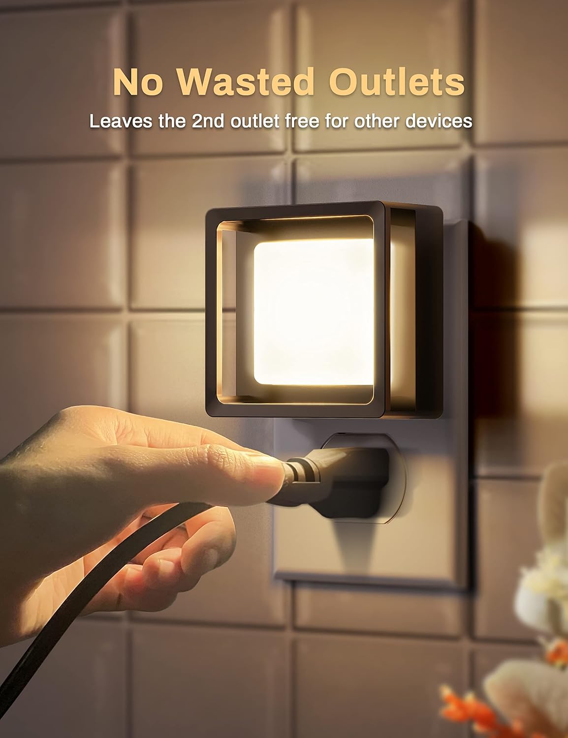 Wall-mounted night light with a hand plugging in a cable, set against a tiled wall background.