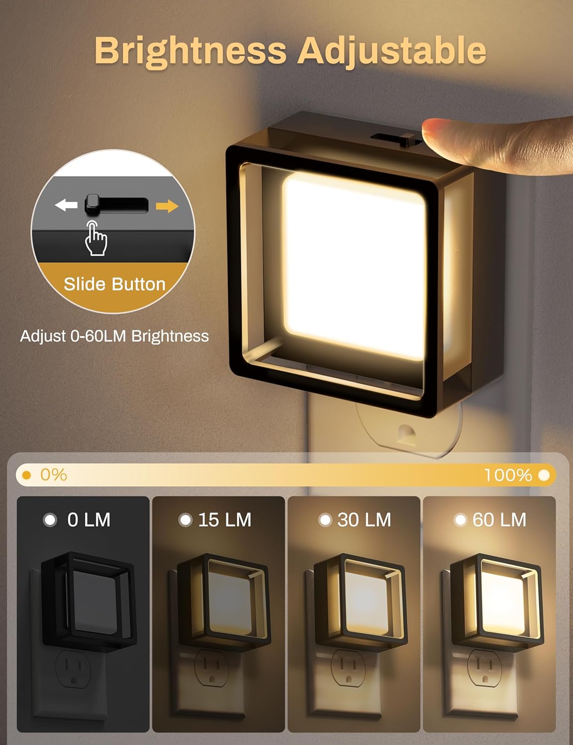 Wall-mounted night light with brightness adjustment feature and slide button illustration.