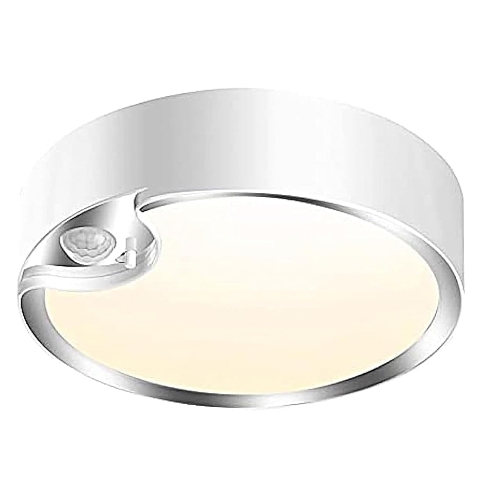 Round ceiling light fixture with silver frame and white interior on a white background