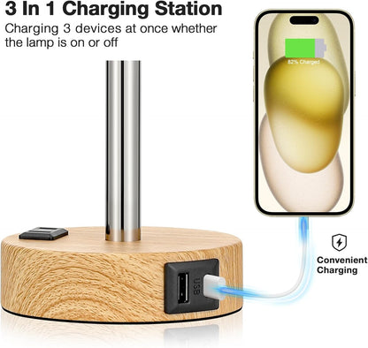3-in-1 charging station with wooden base and smartphone showing charging progress.