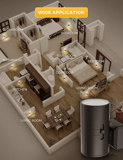 3D floor plan of a modern apartment layout with labeled rooms and a cylindrical product on a brown background.