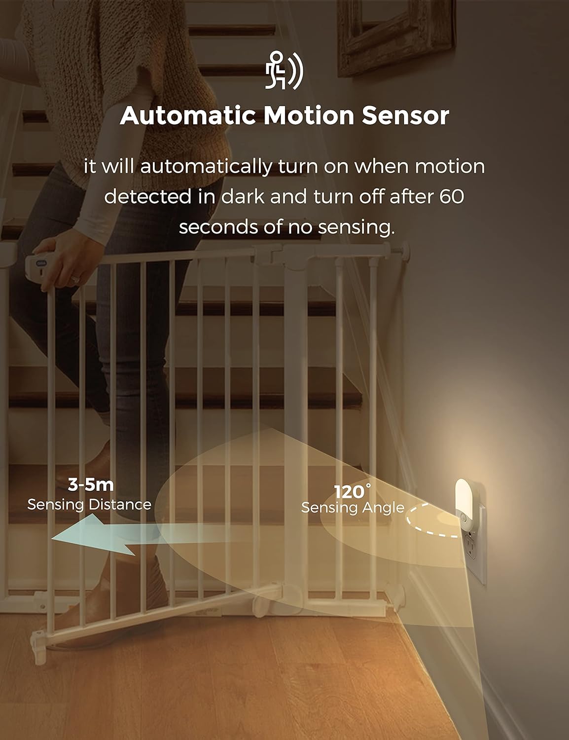 Automatic motion sensor with text explaining its function, shown in a home setting.