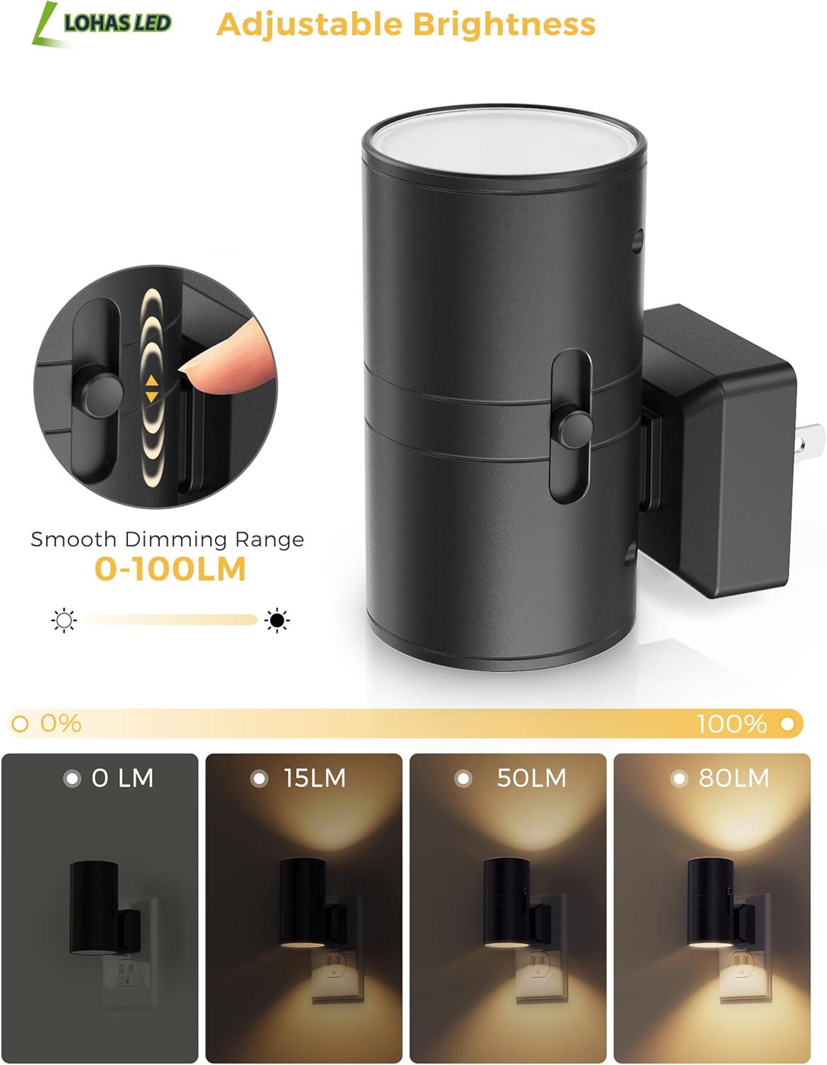Black adjustable brightness LED light fixture with dimming range display.