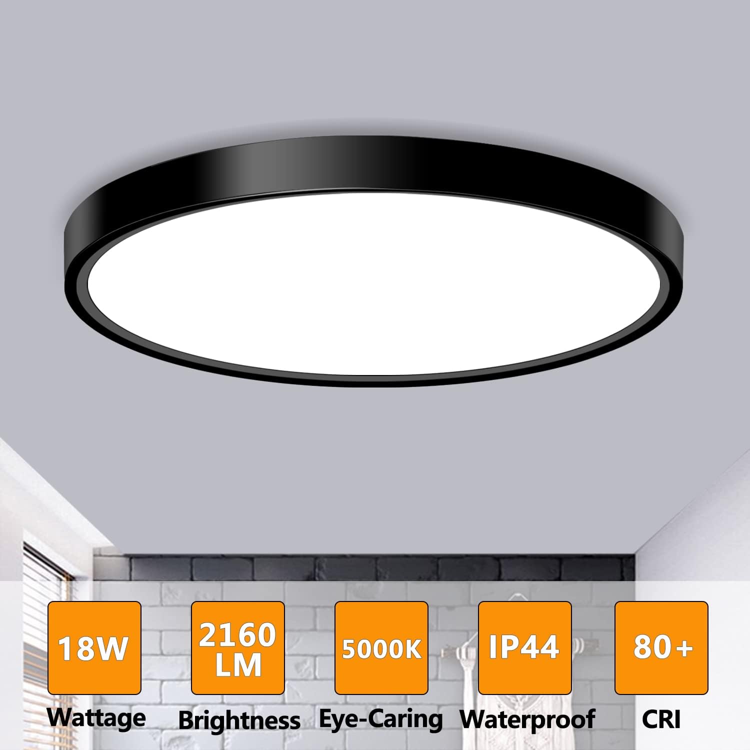 Black ceiling light fixture with specifications on a gray background