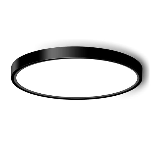 Black circular light fixture on a white background