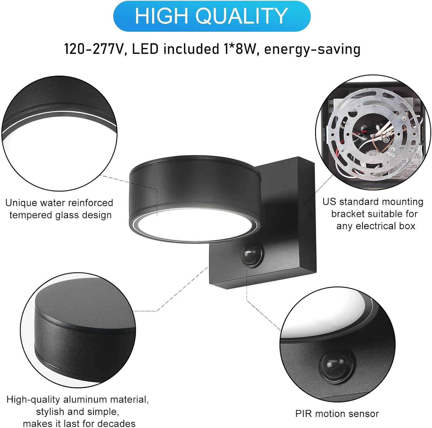 Black outdoor wall light fixture with features highlighted, including LED, motion sensor, and durable design.