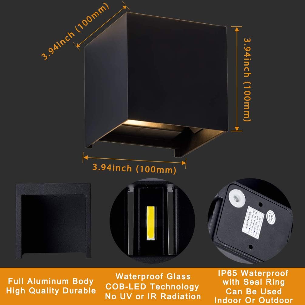 Black square wall light with dimensions and features highlighted on a dark background