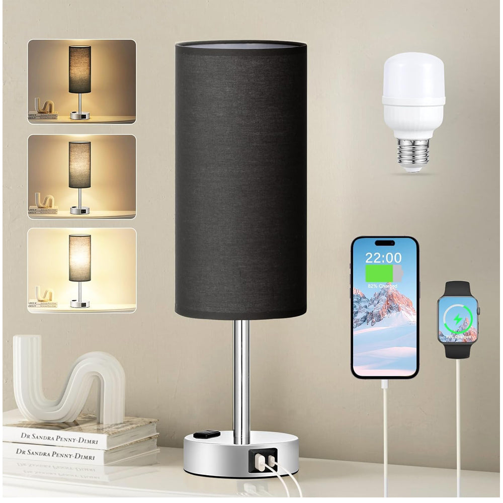 Black table lamp with USB ports, smartphone, and smartwatch on a neutral background
