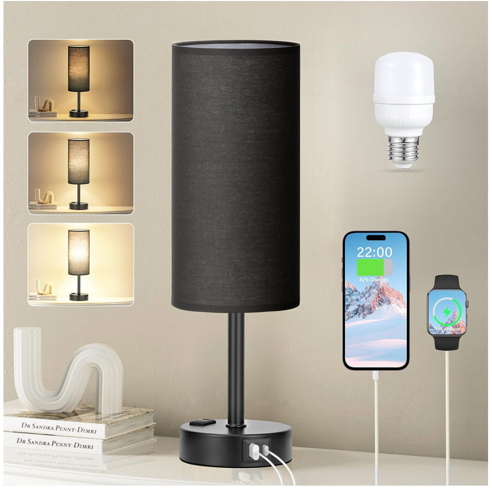 Black table lamp with smartphone and smartwatch displaying time, and white light bulb on beige background