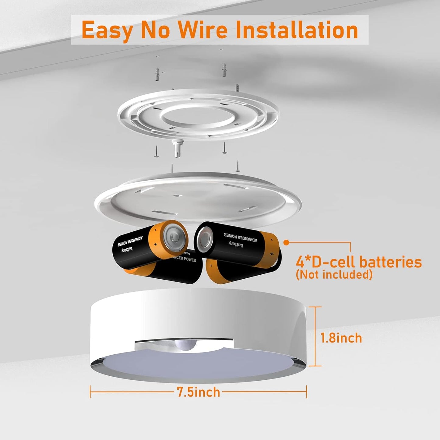 Ceiling light fixture with batteries and installation instructions on a white background