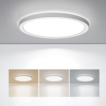 Ceiling light fixture with color temperature options displayed below on a gray background