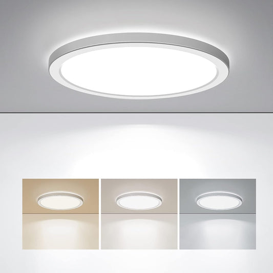 Ceiling light fixture with color temperature options displayed below on a gray background