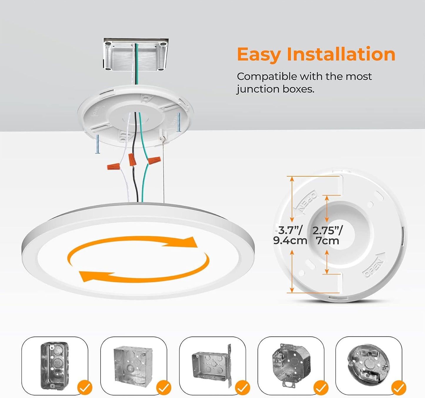 Ceiling light fixture with installation instructions and compatibility details on a white background