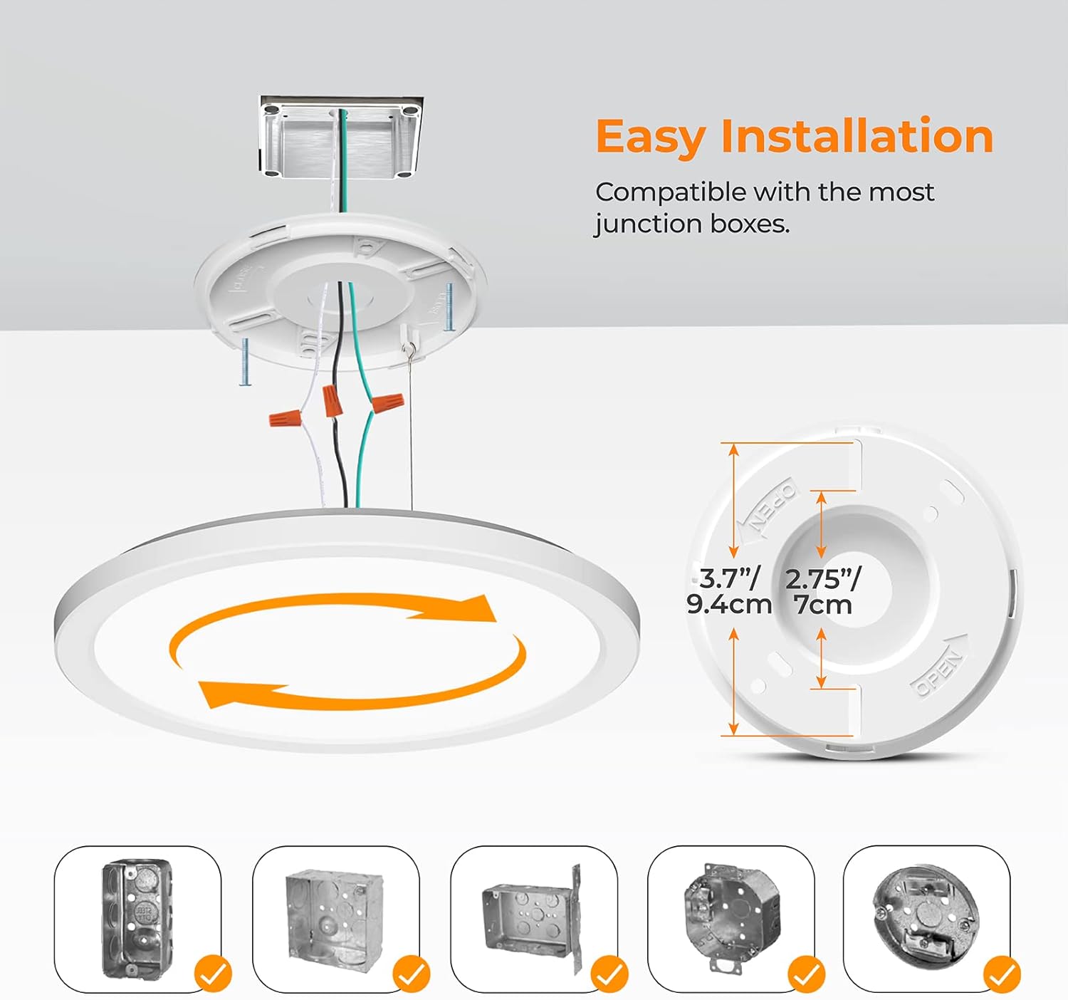 Ceiling light fixture with installation instructions and compatibility details on a white background