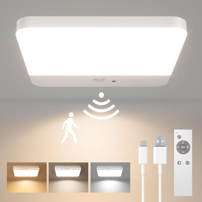 Ceiling light fixture with sensor and remote control on a neutral background