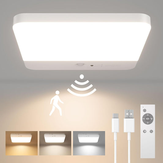 Ceiling light fixture with sensor and remote control on a neutral background