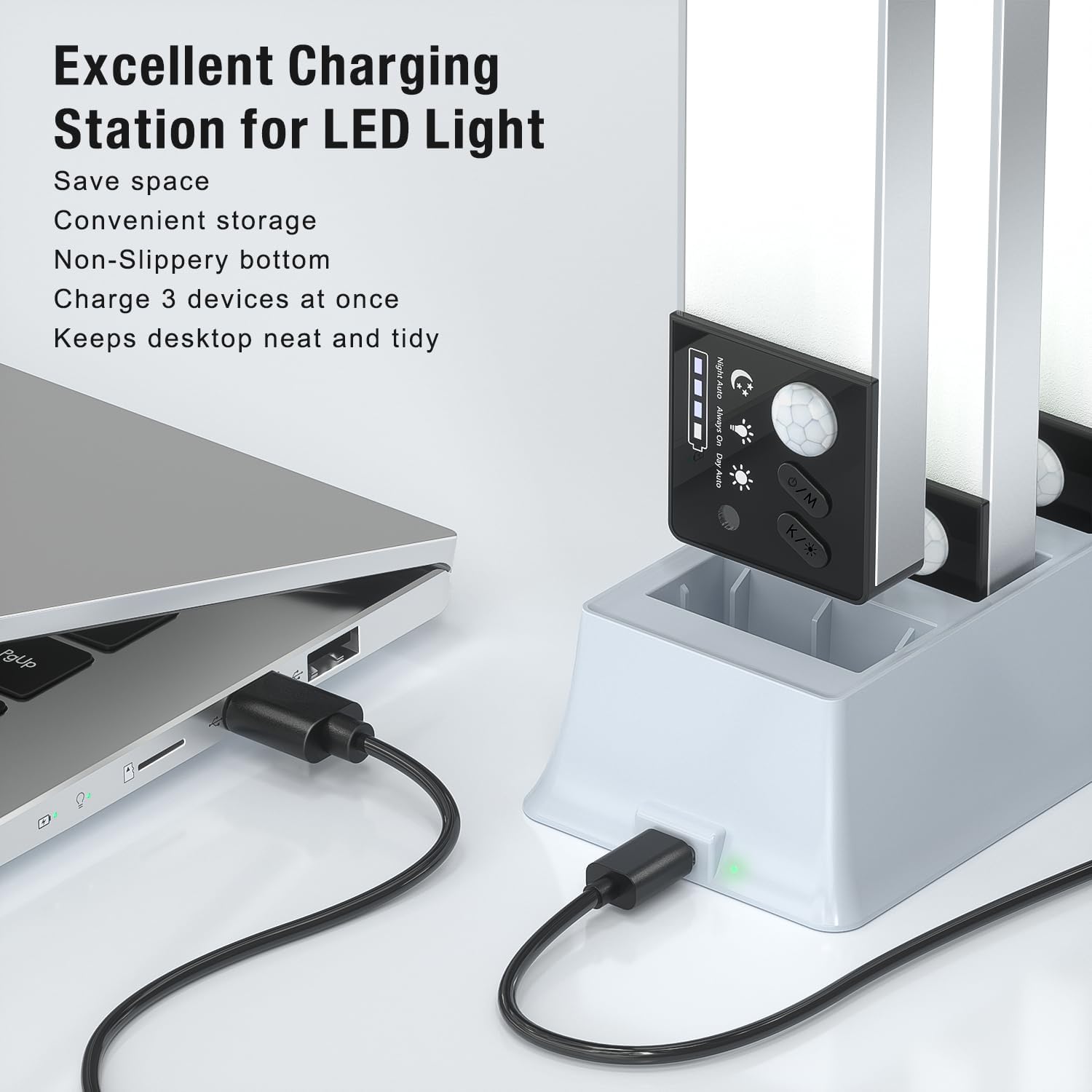 Charging station with LED light and laptop connected, featuring text on benefits.