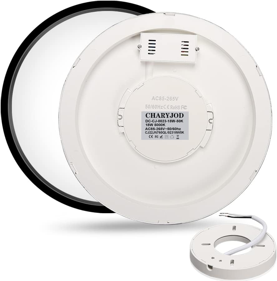 Circular white LED light fixture with visible branding on a white background