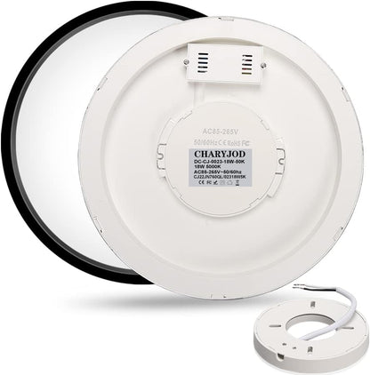 Circular white LED light fixture with visible branding on a white background