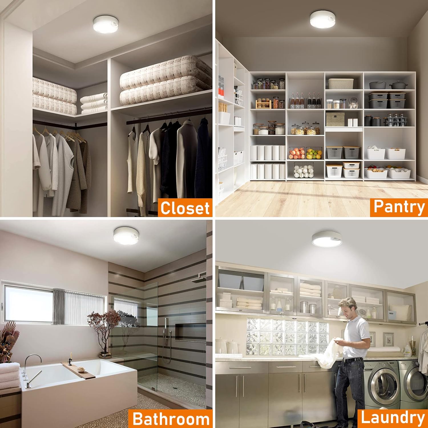 Collage of a closet, pantry, bathroom, and laundry room with labels.