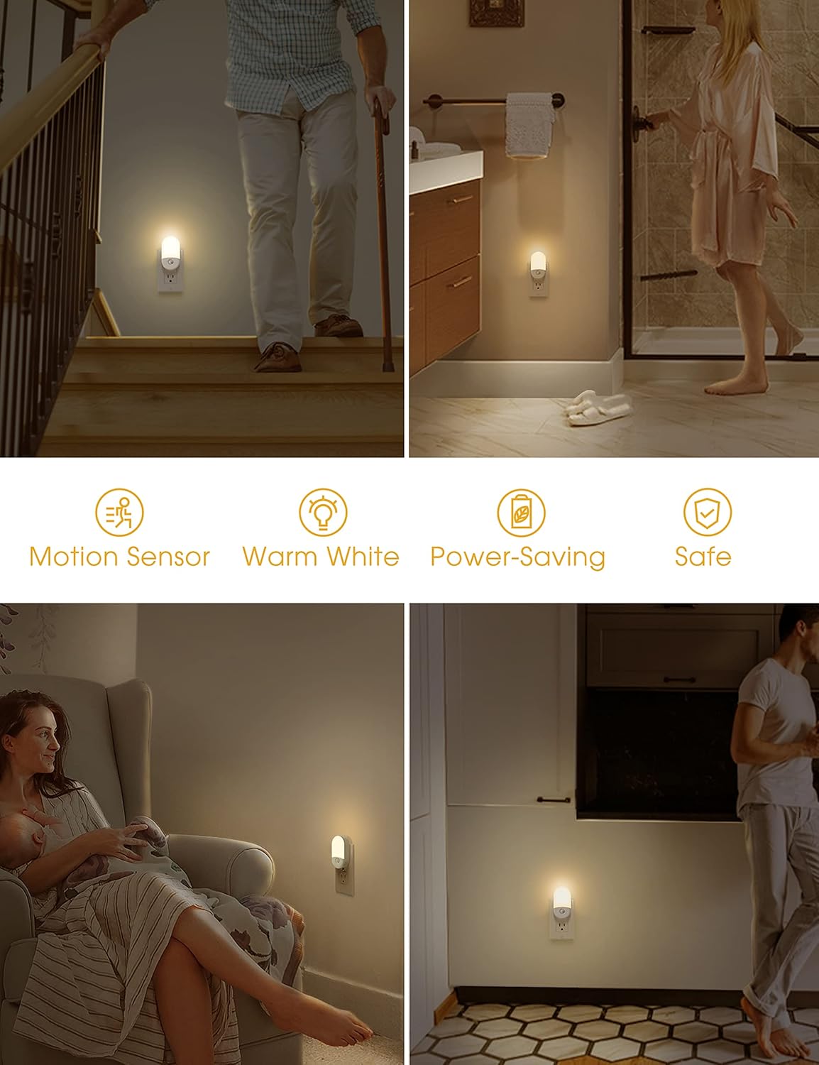 Collage of a wall-mounted light fixture in various settings with icons and text indicating features.
