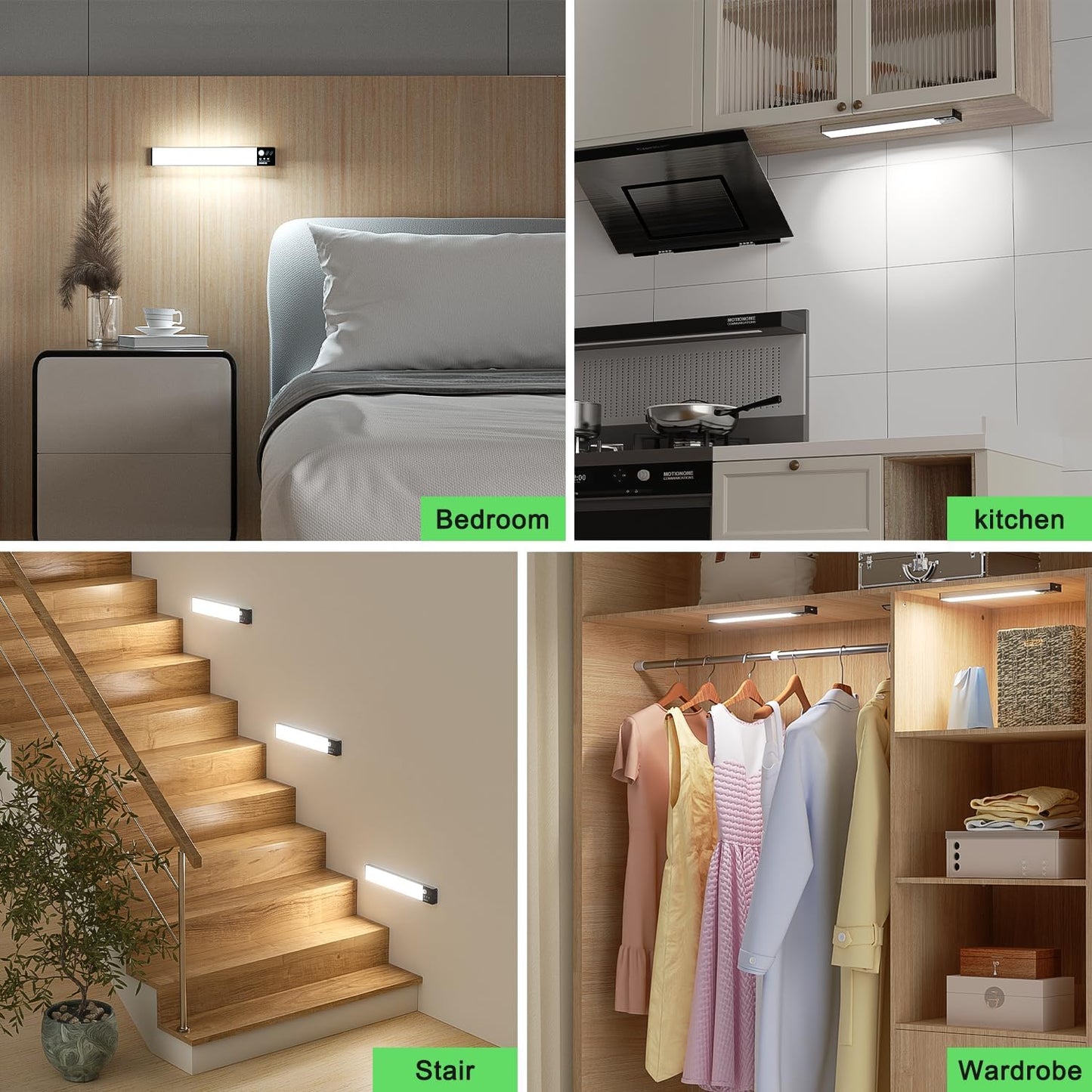 Collage of bedroom, kitchen, stairwell, and wardrobe with labels indicating their respective locations.